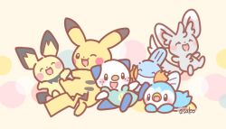  artist_name asakoline bird blush chinchilla_(animal) closed_eyes commentary_request grey_fur minccino mudkip no_humans one_eye_closed open_mouth oshawott otter penguin pichu pikachu piplup pokemon pokemon_(creature) pokemon_focus seashell shell yellow_background 