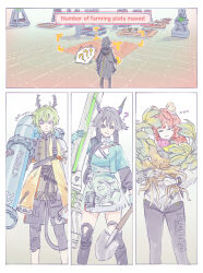  ... ? ?? absurdres akekuri_(arknights) arknights arknights:_endfield black_coat cape chen_qianyu_(arknights) coat dog_girl dragon_boy dragon_girl dragon_horns eastern_dragon_horns endfield_industries_logo endministrator_(arknights) error_message farm female_endministrator_(arknights) gloves highres holding holding_plant holding_shovel holding_wrench hood hooded_cape horns leotard_over_bodysuit lifeng_(arknights) plant purapi shovel sweatdrop wrench 