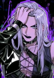  1boy adjusting_hair alternate_costume belt_buckle belt_collar black_background black_collar black_jacket black_lips bracelet buckle collar commentary earphones eyeshadow grey_hair hand_in_own_hair jacket jewelry jojo_no_kimyou_na_bouken leather leather_jacket leone_abbacchio long_hair looking_at_viewer makeup male_focus parrotwashhead pectoral_cleavage pectorals purple_eyeshadow solo untranslatable_commentary upper_body vento_aureo violet_eyes yellow_eyes 