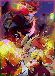  2others black_fur closed_mouth delphox fire furry highres holding holding_wand korean_commentary mega_delphox mega_pokemon mr_h202 multicolored_fur multiple_others orange_eyes pokemon pokemon_(creature) red_fur wand white_fur yellow_fur 