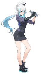  1girl bare_legs black_boots black_skirt black_vest blue_bow blue_bowtie blue_eyes blue_hair boots bottle bow bowtie commentary commission english_commentary gradient_hair heterochromia high_ponytail highres holding holding_bottle kuso_otoko looking_at_viewer mechanical_arms multicolored_hair original pencil_skirt ponytail purple_shirt shirt simple_background single_mechanical_arm skirt smile solo standing two-tone_hair vest white_background white_hair 