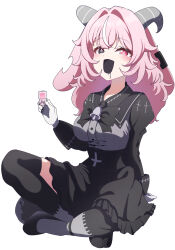  1girl absurdres animal_ears apron backward-facing_horns bell black_apron black_bow black_bowtie black_eyes black_shoes black_skirt black_sleeves black_thighhighs bow bowtie cross cross-shaped_pupils cup drinking_glass femme_soule fingernail_gloves floppy_ears frilled_skirt frills glass gloves goat_ears goat_horns grey_shirt hair_intakes heterochromia high_heels highres horns indian_style inverted_cross juliet_sleeves long_sleeves looking_at_viewer mismatched_pupils multicolored_hair neck_bell notched_ear open_mouth panatisia pink_eyes pink_hair puffy_sleeves pukey_goddess_shot_trick shirt shoes shot_glass sidelocks simple_background sitting skirt smile snake_tail solo streaked_hair symbol-shaped_pupils tail thigh-highs white_gloves white_streaks 