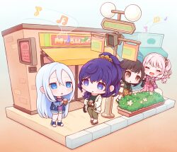  1other 25-ji_nightcord_de._(project_sekai) 3girls :d :o ^_^ akiyama_mizuki asahina_mafuyu blue_eyes blue_hair blue_shoes brown_eyes brown_hair brown_shoes building cardigan chibi chibi_only closed_eyes commentary_request cup day disposable_cup double-parted_bangs green_shirt hair_between_eyes highres holding holding_cup long_hair long_sleeves multiple_girls musical_note open_cardigan open_clothes open_mouth outdoors oyasumirakko pink_hair ponytail project_sekai purple_hair shinonome_ena shirt shoes short_hair smile sneakers standing very_long_hair violet_eyes white_cardigan yoisaki_kanade 