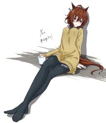  1girl adapted_costume agnes_tachyon_(tach-nology)_(umamusume) agnes_tachyon_(umamusume) animal_ear_earrings animal_ears arm_support artist_name asagi501 black_pantyhose black_shirt breasts brown_hair brown_sweater chemical_structure_earrings closed_mouth collared_shirt commentary_request crossed_legs cup dated earrings full_body highres holding holding_cup horse_ears horse_girl horse_tail jewelry long_sleeves looking_at_viewer medium_breasts medium_hair messy_hair mug no_shoes pantyhose red_eyes shadow shirt shirt_under_sweater simple_background single_earring sitting smile solo split_mouth sweater tail twitter_username umamusume variant_set watermark white_background wing_collar 