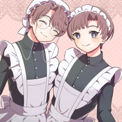  2boys :3 aoppella apron bespectacled black_dress bright_pupils brown_hair buttons closed_eyes closed_mouth commentary_request crossdressing crossdressing_(mtf) curtained_hair dress eyewear_strap facing_viewer frilled_apron frills glasses grey-framed_eyewear grey_eyes headdress lace_background looking_at_viewer maid maid_apron male_focus male_maid mole mole_under_mouth multiple_boys multiple_moles pink_background ptpt_ark round_eyewear short_hair siblings smile soenji_asaharu soenji_sayo twins upper_body very_short_hair wavy_mouth white_apron white_pupils 