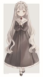  1girl absurdres black_dress black_shoes border brooch commentary double-parted_bangs dress full_body grey_background grey_eyes grey_hair hairband highres jewelry kyuumura lolita_hairband long_hair long_sleeves looking_at_viewer mary_janes original outside_border own_hands_clasped own_hands_together parted_lips pleated_dress puffy_long_sleeves puffy_sleeves ribbon shoes simple_background socks solo tareme untranslatable_commentary very_long_hair white_border white_ribbon white_socks 