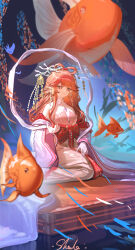  1girl absurdres arknights artist_name bare_shoulders chinese_clothes chinese_commentary closed_mouth commentary_request coral_hair_ornament detached_collar earrings feixianji_(hairstyle) fish fish_girl full_body hair_ornament hair_rings hanfu haruka_(arknights) haruka_(stranded_in_utopia)_(arknights) highres jewelry long_hair long_sidelocks looking_at_viewer necklace off_shoulder official_alternate_costume pointy_ears red_hair seiza shale sidelocks sitting solo underwater wide_sleeves 
