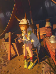  1girl absurdres amiya_(arknights) animal_ear_fluff animal_ears arknights axe blue_collar brown_hair camping chair chenfusama chinese_commentary closed_mouth collar commentary_request crate drink embers fingernails grey_eyes hair_between_eyes hat highres holding holding_drink hood hood_down hooded_jacket jacket jewelry kneehighs light_smile long_hair long_sidelocks long_sleeves multiple_rings on_chair outdoors peaked_cap plant red_socks rhodes_island_logo_(arknights) ring shoes sidelocks socks solo steam tree white_hat white_jacket wooden_chair yellow_shoes 