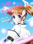  1girl blue_eyes blue_sky blurry blurry_foreground brown_hair clouds dated day depth_of_field english_text from_behind hair_ribbon happy_birthday heart highres jacket juliet_sleeves leonis_g long_hair long_sleeves looking_at_viewer looking_back lyrical_nanoha magical_girl outdoors puffy_sleeves ribbon side_ponytail sky solo takamachi_nanoha twitter_username upper_body white_jacket white_ribbon 
