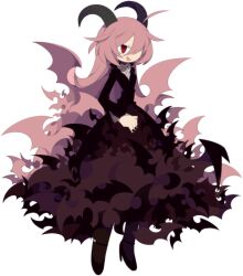  1girl ahoge bat_wings black_dress black_horns black_nails black_pantyhose black_shoes demon_girl demon_horns demon_wings dress full_body funamusea funamusea_(artist) hair_over_one_eye horns lil_(funamusea) long_dress long_hair long_sleeves messy_hair multiple_wings official_art pantyhose pink_hair red_eyes shoes simple_background smile solo white_background wings 