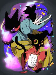  2girls animal_hands black_eyes black_fur black_hair blue_kimono body_fur braid braided_ponytail cat_girl claws cocri colored_sclera fangs full_body furry furry_female hair_ribbon highres holding holding_lantern japanese_clothes kimono lantern long_hair looking_at_viewer low_twin_braids multiple_girls open_mouth original paper_lantern purple_background red_kimono ribbon ribbon_in_braid roku_(cocri) siblings sisters suzu_(cocri) tail tongue tongue_out twin_braids yellow_sclera 