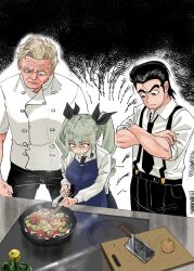  1girl 2boys anchovy_(girls_und_panzer) apron black_bow black_hair black_necktie black_pants blonde_hair blue_apron blue_eyes bottle bow chef cleaver commentary_request cooking crossover cutting_board drill_hair food frying_pan girls_und_panzer gordon_ramsay green_hair hair_bow hell's_kitchen highres long_sleeves multiple_boys necktie oishinbo pants real_life red_eyes shirt short_sleeves suspenders sweatdrop the_lipid_guy_(ponta) twin_drills twintails white_shirt yamaoka_shirou 