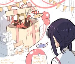  ... 2girls ? artist_name balloon black_hair black_shirt blonde_hair bow box cho_kaguya-hime! commentary constricted_pupils english_text engrish_text ferret fox gift gift_box hair_bun hamster happy_birthday kaguya_(cho_kaguya-hime!) looking_at_another multiple_girls open_mouth ranguage red_bow red_ribbon ribbon sakayori_iroha shirt short_sleeves single_hair_bun spoken_ellipsis spoken_question_mark t0nys twitter_username untranslatable_commentary your_present_is_me 