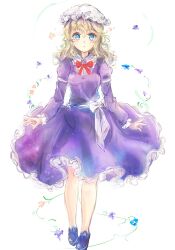  1girl black_shoes blonde_hair blue_eyes blush bow bowtie collared_dress commentary contrast_collar dress flower flower_request frilled_dress frilled_shirt_collar frilled_sleeves frills hat highres long_hair long_sleeves maribel_hearn mob_cap open_mouth parted_lips purple_dress red_bow red_bowtie sash shoes sleeve_garter solo star_(sky) touhou uwazumi waist_bow white_background white_bow white_hat white_sash 