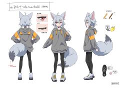  1girl :o absurdres ahoge animal_ear_fluff animal_ear_hood animal_ears arrow_(symbol) black_pantyhose choker closed_mouth commentary_request extra_ears flat_chest fox_ears fox_girl fox_tail grey_hair grey_hoodie grey_shoes hair_ornament hairclip hands_on_own_hips highres hood hood_down hoodie long_sleeves minowa_sukyaru miwa_kitsune-chan multiple_views open_mouth original pantyhose paw_print red_eyes reference_sheet shoes short_hair sneakers tail translation_request turnaround twitter_username v white_background 