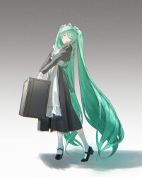 1girl absurdly_long_hair alternate_costume apron axis_pr black_dress black_shoes blush closed_eyes commentary dress enmaided facing_viewer frilled_apron frilled_dress frills full_body gradient_background green_hair grey_background hair_between_eyes hatsune_miku highres holding holding_suitcase long_dress long_hair long_sleeves maid maid_apron maid_day maid_headdress mary_janes parted_lips shadow shoes sidelocks simple_background smile socks solo standing suitcase twintails very_long_hair vocaloid white_apron white_background white_headdress white_socks 