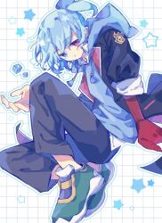  1boy black_jacket black_pants blue_eyes blue_hair blue_hoodie commentary_request dice futaba969649 green_shoes grid_background hair_between_eyes heterochromia hood hood_down hoodie jacket long_sleeves looking_at_viewer magic_arm male_focus official_alternate_costume pants puyopuyo puyopuyo_quest red_eyes school_uniform shirt shoes short_hair sig_(puyopuyo) sleeves_rolled_up sneakers solo star_(symbol) white_background 