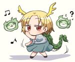 1girl ? antlers beamed_eighth_notes blonde_hair blue_shirt blush chibi dragon_horns dragon_tail eighth_note full_body green_skirt horns kicchou_yachie motion_lines musical_note otter_spirit_(touhou) red_eyes rokugou_daisuke shirt short_hair short_sleeves signature simple_background skirt solo tail touhou turtle_shell white_background yellow_horns
