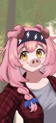  1girl absurdres alternate_species animal_ears arknights black_hairband blue_bow blurry blurry_background bow braid closed_mouth collarbone commentary english_commentary goldenglow_(arknights) grey_shirt hair_bow hairband highres jacket john_pork_(meme) long_hair looking_at_viewer meme mintmosse open_clothes open_jacket pig_ears pig_girl pig_nose pink_hair plaid_clothes plaid_jacket red_jacket shirt side_braid smile solo yellow_eyes 