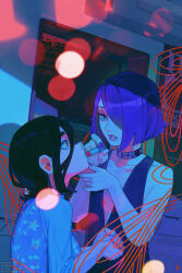  2girls applying_another's_makeup applying_lipstick applying_makeup aurahack black_hair blue_hair blue_nails blue_theme breasts brown_eyes choker close-up cosmetics cyberpunk earrings eyeshadow floral_print grabbing_another's_chin green_eyes hair_over_one_eye hand_on_another's_chin highres holding holding_lipstick_tube indoors jewelry light_particles lips lipstick lipstick_tube long_bangs looking_at_another makeup monitor multiple_girls nail_polish original own_hands_clasped own_hands_together plunging_neckline profile puckered_lips purple_eyeshadow shirt short_hair sitting sleeveless sleeveless_shirt small_breasts tassel tassel_earrings upper_body white_sleeves 
