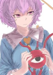  1girl absurdres black_hairband blouse blue_shirt blush buttons commentary_request disembodied_linked_eye eyeball frilled_sleeves frills hair_ornament hairband heart heart_button heart_hair_ornament highres holding holding_eyeball kametoyou komeiji_satori looking_at_another pink_eyes pink_hair profile shirt simple_background subterranean_animism touhou upper_body 