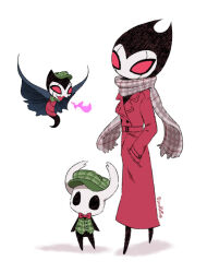  1boy 1other bano_akira coat colored_sclera commentary_request fire flying full_body green_hat green_vest grey_scarf grimm_(hollow_knight) grimmchild hat hollow_eyes hollow_knight horned_mask knight_(hollow_knight) mask red_coat red_sclera scarf simple_background standing vest white_background white_mask 