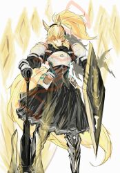  1girl animal_ear_fluff animal_ears arknights armor armored_boots armored_dress axe bahuangdajiangjun black_dress black_gloves black_skirt blonde_hair boots breastplate dress full_body gloves greaves hair_between_eyes headset highres holding holding_axe holding_shield holding_weapon horse_ears horse_girl horse_tail implied_extra_ears long_hair looking_at_viewer nearl_(arknights) orange_eyes pauldrons ponytail shield shoulder_armor simple_background skirt solo standing tail weapon white_armor white_background yellow_eyes 