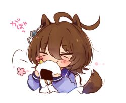  >_< 1girl agnes_tachyon_(umamusume) ahoge animal_ears blush brown_hair brown_tail chiyakobu commentary eating food horse_ears horse_girl horse_tail medium_hair onigiri portrait school_uniform solo tail umamusume untranslatable_commentary white_background 
