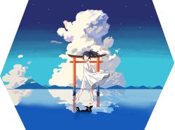  1girl 8.32_(vocaloid) alternate_hairstyle arms_behind_back barefoot breasts brhjtdp0ss40177 cho_kaguya-hime! closed_mouth clothes_lift clouds commentary_request cumulonimbus_cloud different_reflection dot_nose dress dress_lift full_body green_eyes highres looking_at_viewer mountainous_horizon ocean one_eye_closed outdoors ponytail reflection reflective_liquid ripples sakayori_iroha short_hair sidelocks sky sleeveless sleeveless_dress small_breasts solo standing star_(sky) sundress torii walking walking_on_liquid water white_dress wide_shot wind wind_lift 