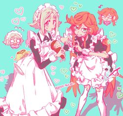  1girl 2girls apron aso_tarou black_dress blonde_hair blush chibi commentary_request dress eishia_stilza finger_heart flipped_bangs food frilled_apron frills gachiakuta green_eyes jacket ketchup_bottle long_hair looking_at_viewer maid maid_apron maid_headdress multiple_girls omelet omurice open_mouth pink_eyes red_hair riyo_reaper short_hair sidelocks simple_background smile waist_apron white_apron 