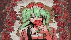  1girl chachotongo collared_shirt commentary crying english_commentary floral_background flower goggles goggles_on_head green_hair gumi hand_up highres holding holding_flower looking_at_viewer lying on_back portrait red_flower red_rose rose shirt solo streaming_tears tears vocaloid 