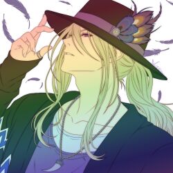  1boy black_hat black_jacket blonde_hair dissidia_duellum_final_fantasy dissidia_final_fantasy falling_feathers feathers fedora final_fantasy final_fantasy_iv hair_between_eyes hat hat_feather highres jacket jewelry kain_highwind kain_highwind_(casual_dragoon) long_hair lovelessxxx69 male_focus necklace official_alternate_costume parted_lips ponytail purple_shirt ring shirt signature solo thumb_ring tooth_necklace upper_body violet_eyes white_background white_shirt 