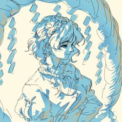  1girl closed_mouth crossed_arms highres layered_sleeves long_sleeves mirror monochrome rope shide shimenawa short_hair short_over_long_sleeves short_sleeves smile solo suteruko touhou upper_body yasaka_kanako 