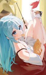  1girl absurdres animal arahashi_tabi bag_of_chips bare_legs bare_shoulders bean_bag_chair blue_eyes blue_hair bra_strap calico_(pattern) calico_cat cat cat_teaser chips_(food) commentary crumbs double-parted_bangs food food_in_mouth food_on_face foreshortening from_above highres holding holding_cat_teaser indoors knees_up long_shirt looking_at_viewer looking_to_the_side looking_up newda_al off-shoulder_shirt off_shoulder pet potato_chips print_shirt reclining shirt solo stellive straight_hair turning_head virtual_youtuber white_shirt 