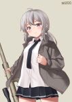  ahoge bangs black_necktie black_skirt blush bolt_action breasts brown_background brown_jacket character_name cheytac_m200 closed_mouth collared_shirt girls_frontline grey_eyes grey_hair gun highres holding holding_gun holding_weapon jacket ki-51_(ampullaria) looking_at_viewer m200_(girls&#039;_frontline) necktie open_clothes open_jacket pleated_skirt rifle shirt short_hair simple_background skirt sniper_rifle sniper_scope thighs weapon white_shirt 