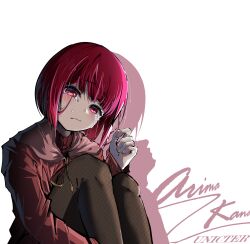  1girl absurdres arima_kana artist_name blush bob_cut closed_mouth crying drop_shadow fishnet_pantyhose fishnets hand_up highres jacket knees_up looking_at_viewer oshi_no_ko pantyhose red_eyes red_hair shirt short_hair signature simple_background sitting solo streaming_tears tears unicter white_background 