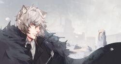  1boy animal_ears arknights asarinna black_cape black_jacket black_necktie cape cloak collared_shirt commentary_request formal_clothes fur-trimmed_cape fur-trimmed_cloak fur_trim grey_eyes grey_hair hair_between_eyes jacket male_focus necktie outdoors shirt short_hair silverash_(arknights) snow snow_leopard_boy snow_leopard_ears snowing solo suit upper_body white_shirt 