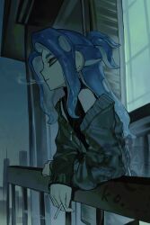  1boy absurdres balcony black_jacket blue_hair cigarette ear_piercing highres holding holding_cigarette jacket long_hair looking_ahead male_focus night octoling octoling_boy octoling_player_character one_side_up open_clothes open_jacket outdoors piercing sakanako sleeveless smoke smoking solo splatoon_(series) standing tentacle_hair thick_eyebrows window yellow_eyes 