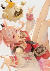  1girl backpack bag book breasts commentary crossed_bangs detached_collar detached_sleeves dress genshin_impact grey_background head_wings heart heart-shaped_pupils highres leg_markings linnea_(genshin_impact) looking_at_viewer lumi_(genshin_impact) medium_breasts medium_hair necktie open_hands open_mouth pink_eyes pink_hair pointy_ears red_dress shiinauka smile strapless strapless_dress symbol-shaped_pupils tailcoat untranslatable_commentary white_sleeves wings 
