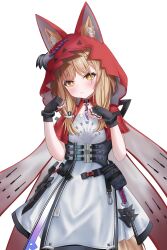  1girl absurdres animal_ear_fluff animal_ears arknights arknights:_endfield black_gloves blonde_hair cape closed_mouth commentary dress ears_through_headwear fingerless_gloves gloves highres hood hood_up hooded_cape knzkuuuu looking_at_viewer red_cape rossi_(arknights) simple_background solo squeans tail white_background white_dress wolf_ears wolf_girl wolf_tail yellow_eyes 
