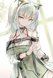  1girl 7gao animal_ears arknights bare_shoulders black_choker breasts cat_ears cat_girl choker closed_mouth commentary_request dot_mouth dress green_dress green_eyes hair_between_eyes highres index_ring jacket kal'tsit_(arknights) material_growth medium_breasts medium_hair oripathy_lesion_(arknights) see-through_clothes see-through_sleeves shirt solo stethoscope syringe syringe_necklace watch watch white_background white_hair white_jacket white_shirt window 