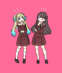  2girls :d ;) aqua_neckerchief arm_across_waist blonde_hair blue_eyes blue_hair brown_dress brown_hair brown_shoes closed_mouth commentary_request curtained_hair dress flower fujishima_megumi full_body gradient_hair hair_flower hair_ornament hand_on_own_chin hand_on_own_elbow hasu_no_sora_school_uniform loafers long_hair long_sleeves looking_at_viewer love_live! love_live!_hasu_no_sora_jogakuin_school_idol_club medium_dress mira-cra_park! multicolored_hair multiple_girls neckerchief one_eye_closed open_mouth osawa_rurino parted_bangs pink_background pink_flower pleated_dress red_neckerchief sailor_collar sailor_dress school_uniform shinanoya_(satanicad) shoes simple_background smile socks squeans standing stroking_own_chin twintails two_side_up violet_eyes virtual_youtuber white_sailor_collar white_socks winter_uniform 