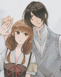  1boy 1girl armband black_dress black_hair brown_eyes brown_hair closed_mouth collared_shirt commentary_request dress dress_shirt frown grey_background grey_eyes grey_sweater_vest hair_over_one_eye hand_up height_difference hetero highres holding_hands iino_miko ishigami_yuu kaguya-sama_wa_kokurasetai_~tensai-tachi_no_renai_zunousen~ long_hair looking_at_another low_twintails medium_hair nose one_eye_covered open_mouth pinafore_dress red_ribbon ribbon school_uniform shirt short_sleeves shuuchiin_academy_school_uniform simple_background sleeveless sleeveless_dress sweater_vest twintails upturned_eyes user_nwyt8453 v-shaped_eyebrows white_shirt yellow_armband 