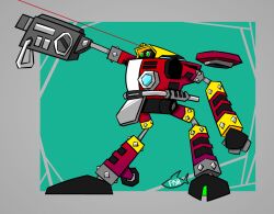  arm_cannon armor border clenched_hand clenched_hands drill e-102_gamma firing fishflop gatling_gun green_eyes grey_border gun looking_ahead mecha multicolored_armor no_humans non-humanoid_robot parody red_armor robot science_fiction shoulder_cannon simple_background solo sonic_(series) standing style_parody walker_(robot) weapon 