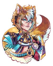  1boy animal_ears armor blue_eyes brown_hair brown_tail commentary cropped_torso dog_boy dog_ears dog_tail english_commentary genshin_impact gorou_(genshin_impact) hair_between_eyes hair_ornament high_collar japanese_armor looking_at_viewer male_focus multicolored_hair painting_(medium) parted_lips paw_print short_hair si3art signature simple_background solo streaked_hair tail tassel traditional_media two-tone_hair upper_body watercolor_(medium) white_background white_hair 