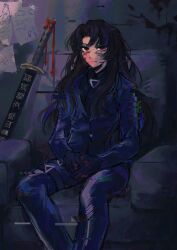  1girl armchair belt black_gloves black_hair black_jacket black_shirt blood blood_on_face blood_on_wall blue_pants chair child's_drawing closed_mouth collared_shirt dark_room feet_out_of_frame glitch gloves highres indoors jacket kickthat_can limbus_company long_hair long_sleeves multicolored_hair ootachi pants parted_bangs pinky_(identity)_(project_moon) project_moon purple_jacket purple_pants purple_streaks red_eyes ryoshu_(project_moon) scabbard sheath sheathed shirt sidelocks sitting solo streaked_hair suit sword thigh_belt thigh_strap very_long_hair wavy_hair weapon 