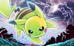  >:) :3 bano_akira blush_stickers commentary_request electricity forest grass nature no_humans pikachu pokemon pokemon_(creature) pokemon_focus thunder v-shaped_eyebrows 