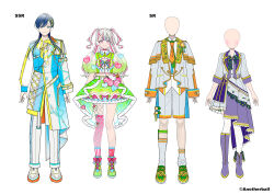  1boy 1girl asymmetrical_footwear asymmetrical_legwear avvy blue_eyes blue_hair closed_mouth commentary_request company_name concept_art copyright_notice faceless faceless_female faceless_male fishnet_pantyhose fishnets full_body green_shoes grey_shorts heart highres idol_clothes long_hair looking_at_viewer mismatched_legwear necktie official_art orange_necktie pants pantyhose pink_eyes pink_socks pink_thighhighs purple_shoes see-through_clothes shoes shorts single_fishnet_legwear single_thighhigh smile socks standing thigh-highs tsukana_(saba_mizore) two_side_up white_background white_hair white_pants white_pantyhose white_shoes white_thighhighs 