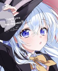  1girl absurdres bare_shoulders black_hat black_robe blue_eyes bow braid center_frills collared_shirt commentary_request commission elaina_(majo_no_tabitabi) frills hair_between_eyes hair_bow hat highres holding long_hair long_sleeves looking_at_viewer majo_no_tabitabi neck_ribbon o0nolma0o open_clothes open_mouth open_robe pink_bow pixiv_commission portrait ribbon robe shirt single_braid solo white_hair white_shirt witch_hat yellow_ribbon 