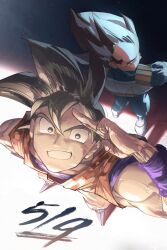  2boys armor back-to-back black_eyes black_hair blue_bodysuit blue_shirt bodysuit boots crossed_arms dated dougi dragon_ball dragon_ball_z from_above goku_day highres male_focus multiple_boys muscular muscular_male orange_pants orange_shirt pants saiyan_armor salute shirt son_goku spiky_hair terminal_000 two-finger_salute vegeta white_armor white_boots 